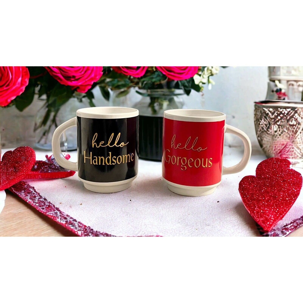 Set of 2 ~ Mugs “Hello Handsome; Hey Gorgeous” Red & Black